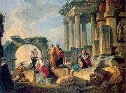 Panini, Giovanni Paolo Ruins with Scene of the Apostle Paul Preaching oil painting reproduction